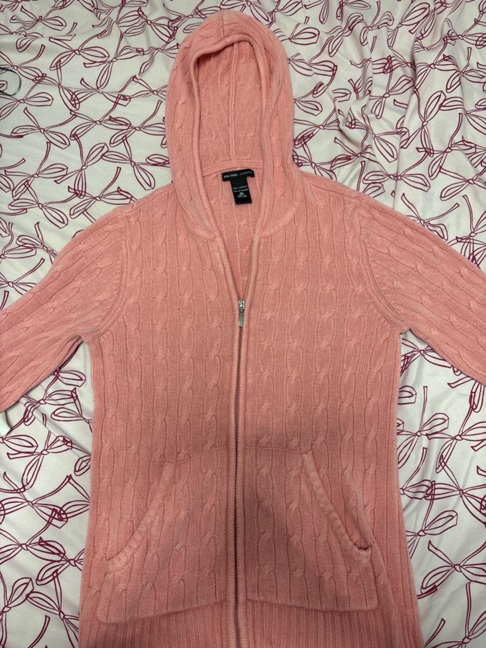 New York & Company Cable Knit Zip Hoodie - Dusty Rose